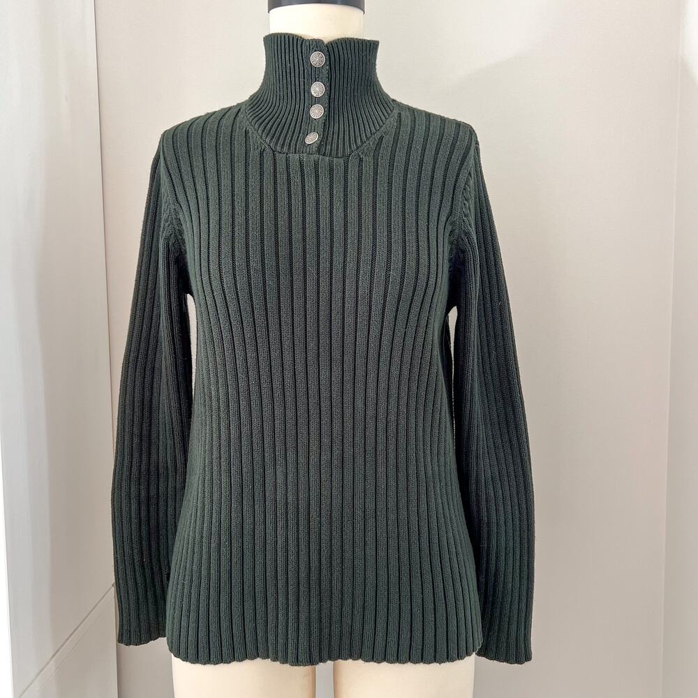 Ralph Lauren Sz S Dark Green Turtleneck Sweater Silver Buttons Vintage Cotton